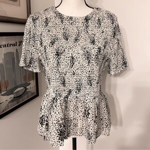 Aqua Black and White Ribbed Peplum Blouse with Short Sleeves